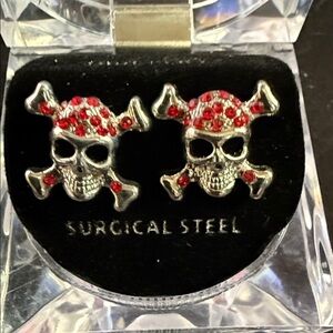 Skull and Crossbones Surgical Steel Earrings - Red and Silver